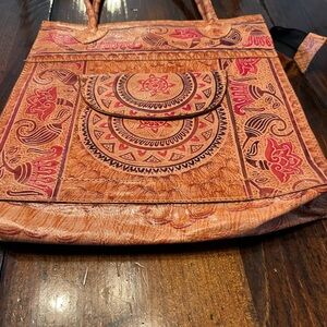 Leather Tan and Red Tote Bag